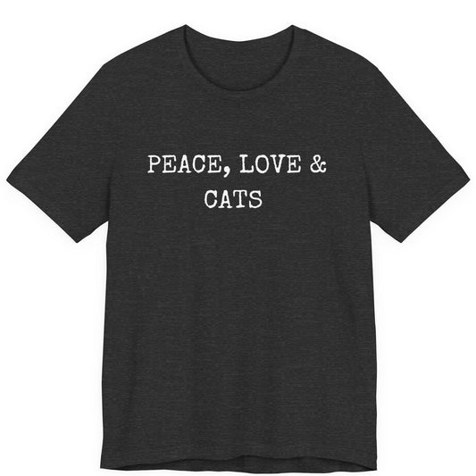 Black t-shirt with 'PEACE, LOVE & CATS' text 