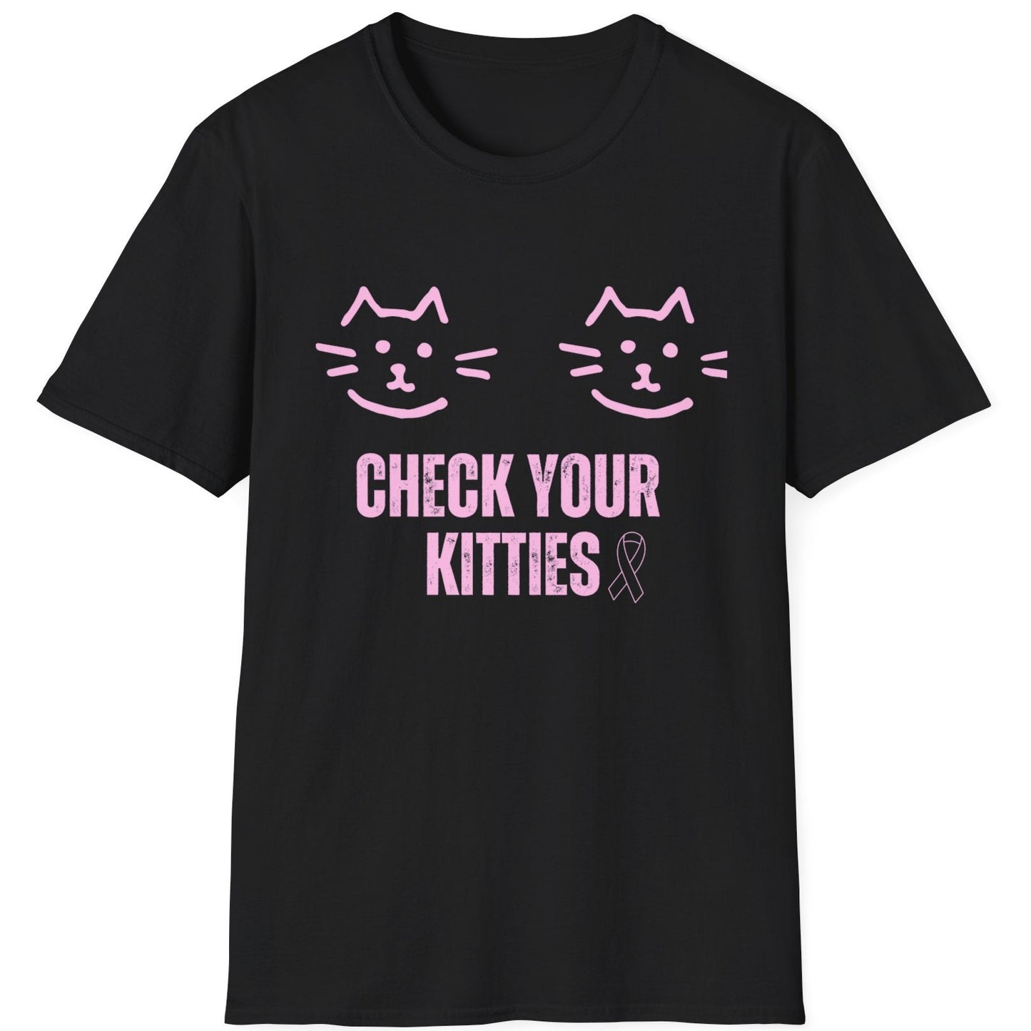 Black t-shirt with pink cat illustrations and text  check your kitties and a pink ribbon. Symbolizes breast cancer awareness