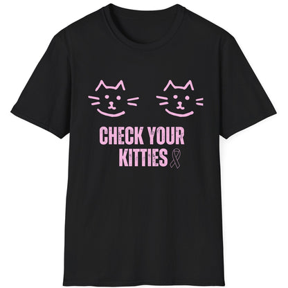 Black t-shirt with pink cat illustrations and text  check your kitties and a pink ribbon. Symbolizes breast cancer awareness
