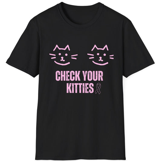 Black t-shirt with pink cat illustrations and text  check your kitties and a pink ribbon. Symbolizes breast cancer awareness