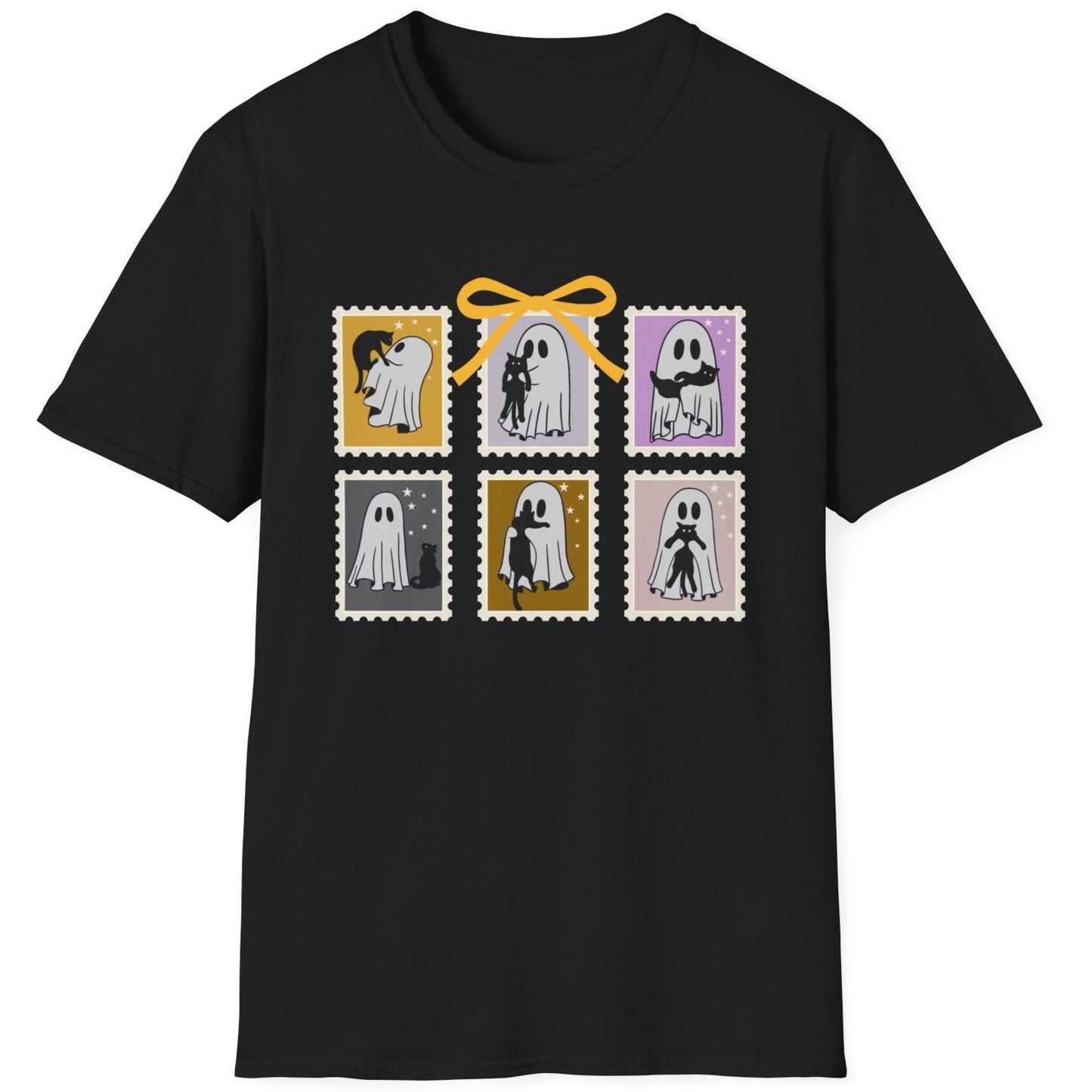 Black t-shirt with graphic design of stamps featuring ghostly couples and a yellow bow on a white background.
