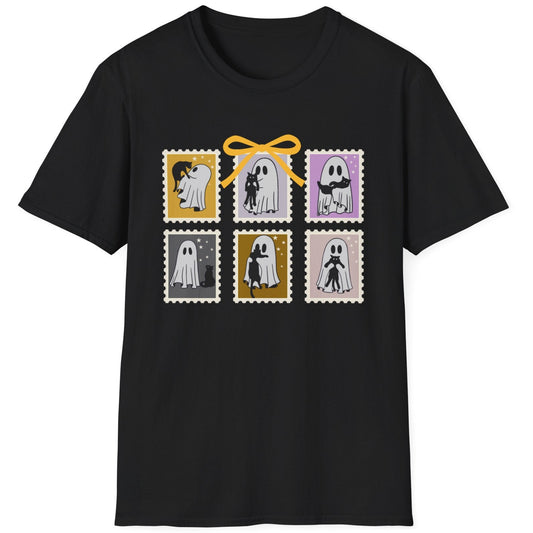 Black t-shirt with graphic design of stamps featuring ghostly couples and a yellow bow on a white background.