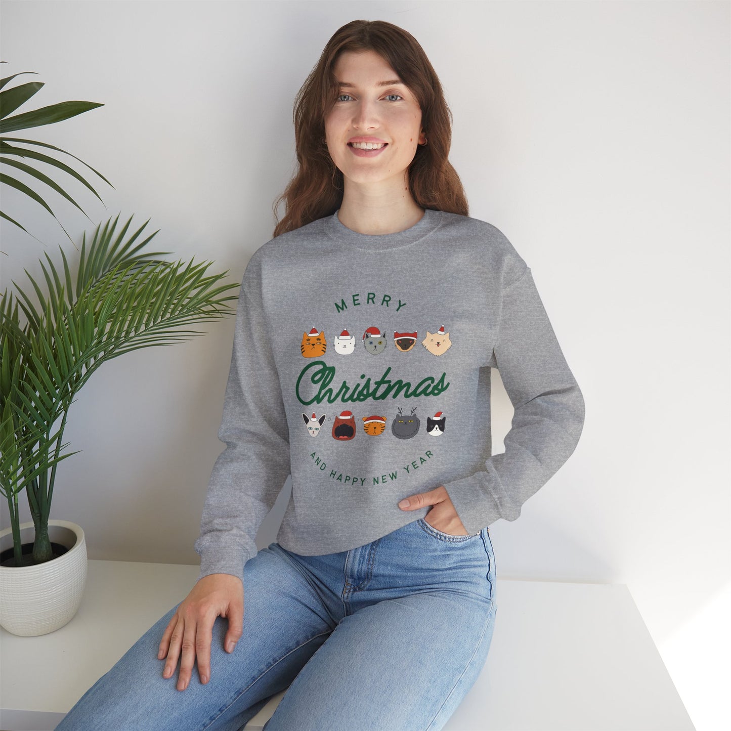 Merry Christmas Happy New Year Cat Crewneck Sweatshirt