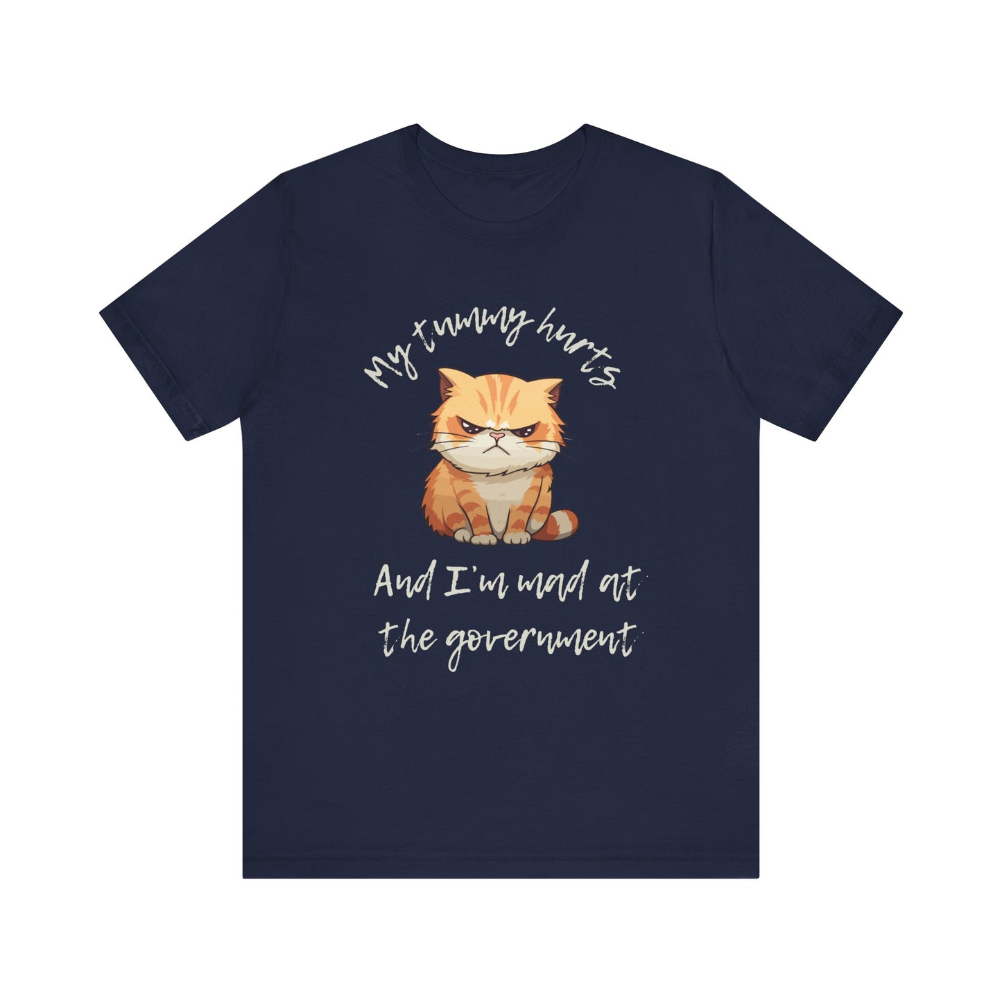 Funny Cat Unisex Tee - Mad Cat My Tummy Hurts Design