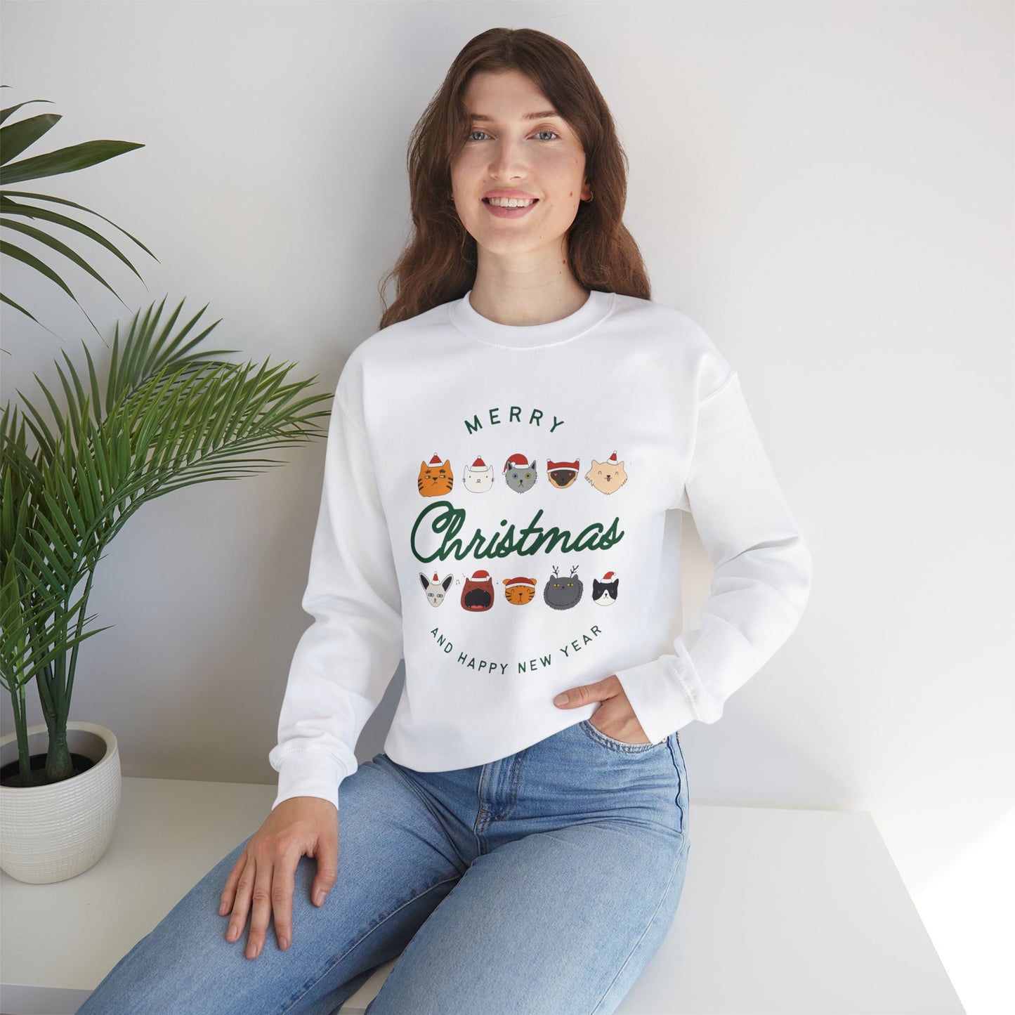 Merry Christmas Happy New Year Cat Crewneck Sweatshirt