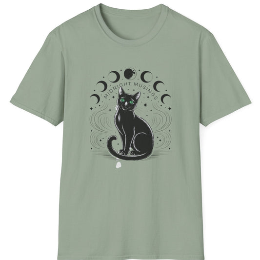 t-shirt with a black cat and moon phases design with the words moonight musings