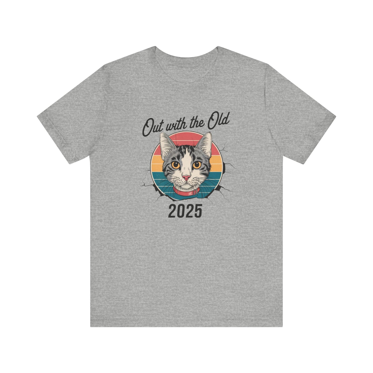 Tshirt featuring a cat on a retro backround with the words out with the old