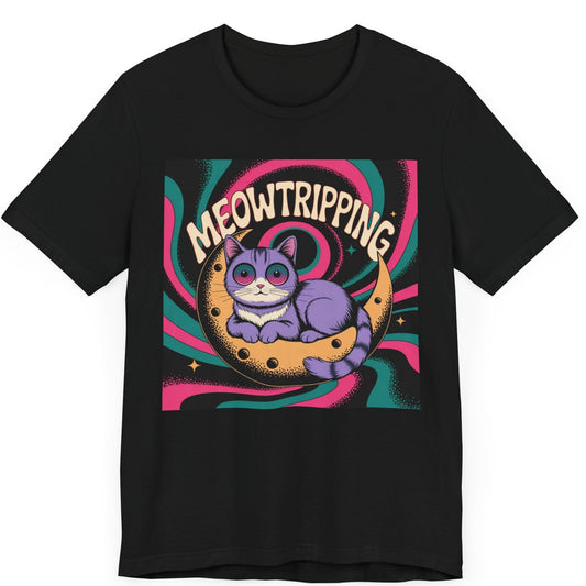Psycheelic cat tshirt featuring a cat with mesmerizinf eyes sitting on a crescent moon with vivid colors and the word Meowtriping