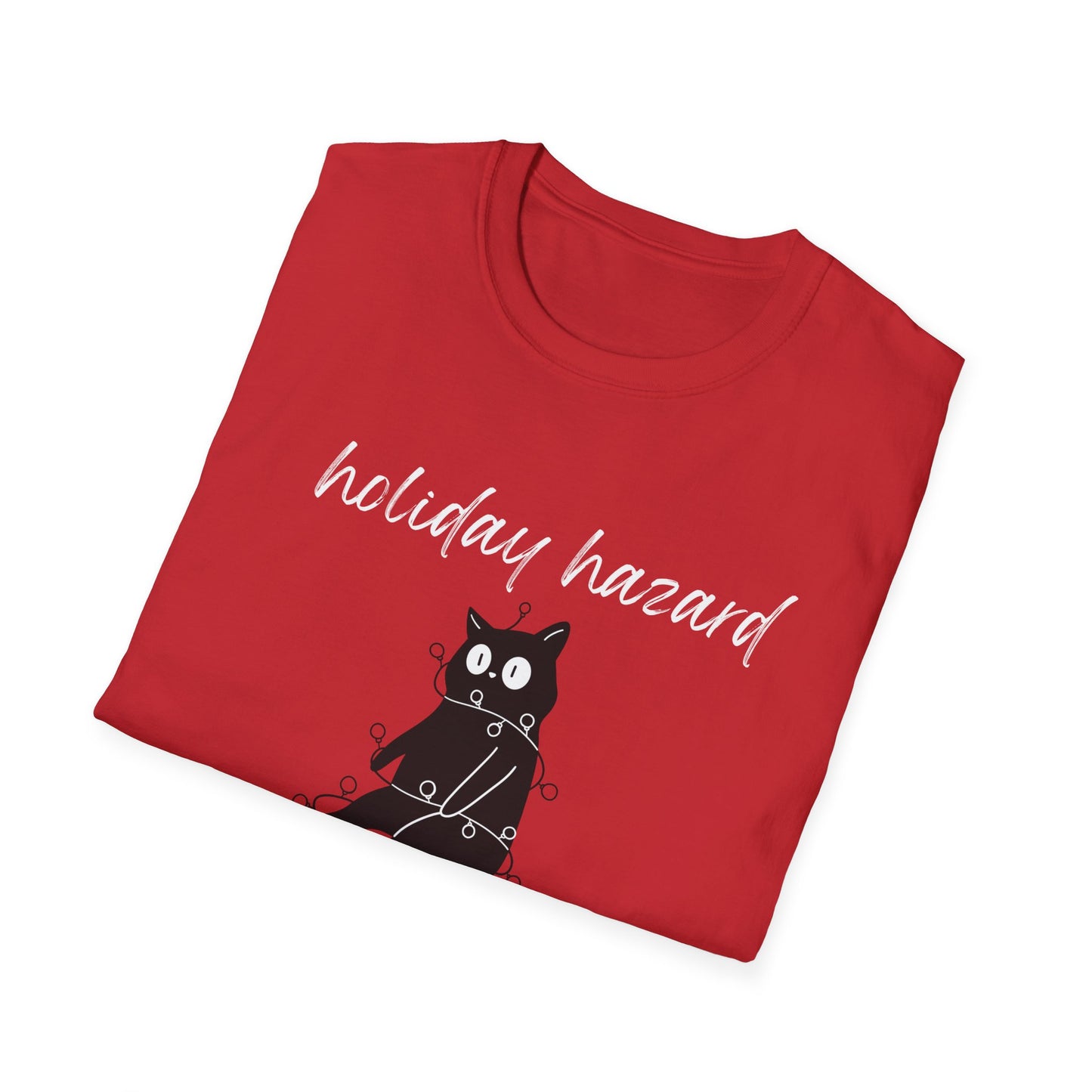 Holiday Hazard Black Cat Christmas T-Shirt | Funny Feline Lights Graphic Tee