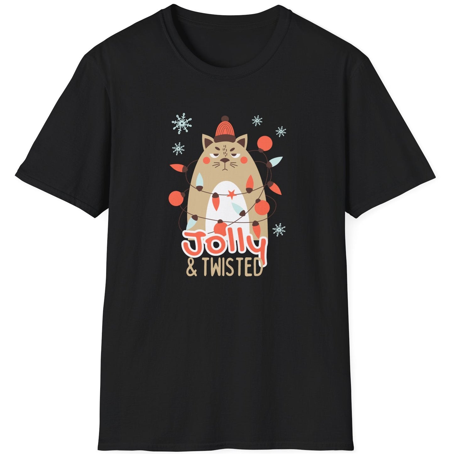 Black t-shirt with a cat graphic and 'Jolly & Twisted' text