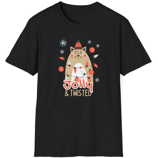 Black t-shirt with a cat graphic and 'Jolly & Twisted' text