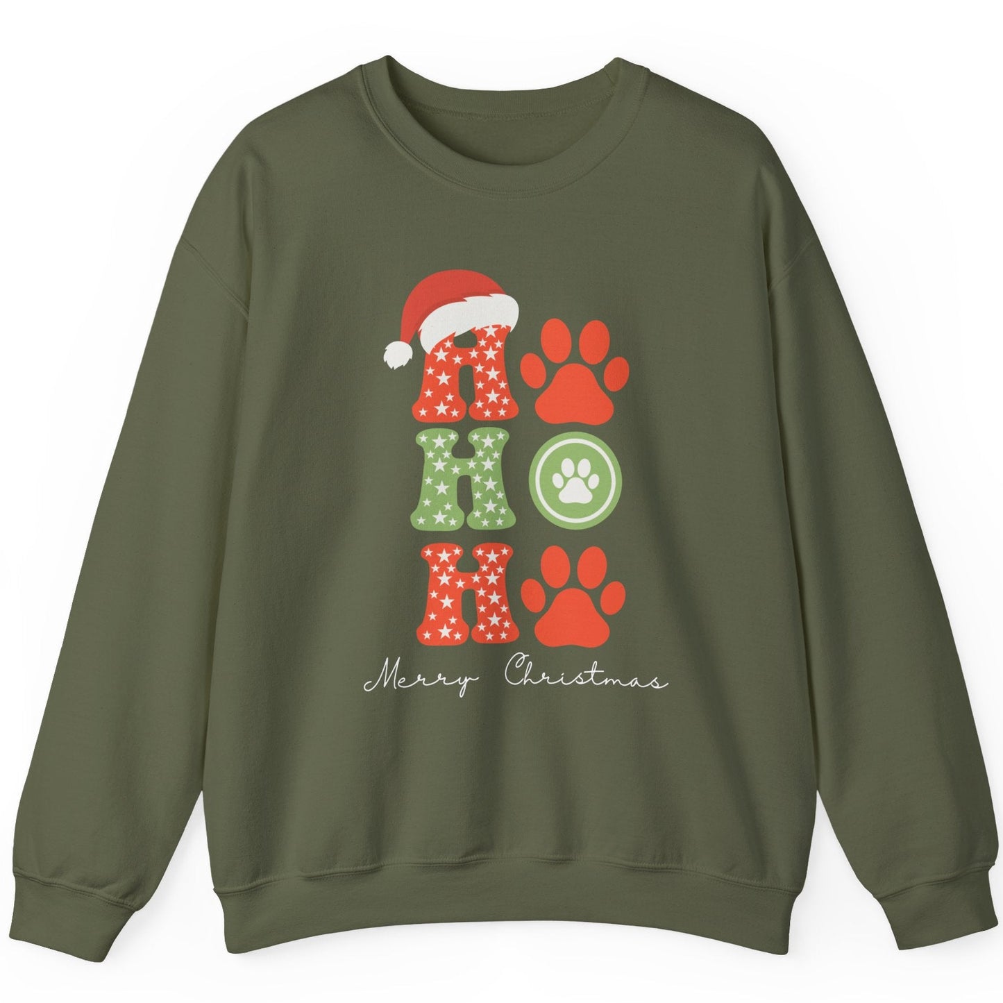 Green sweatshirt with Christmas-themed design with the words ho ho ho merry christmas. the o is a cat print