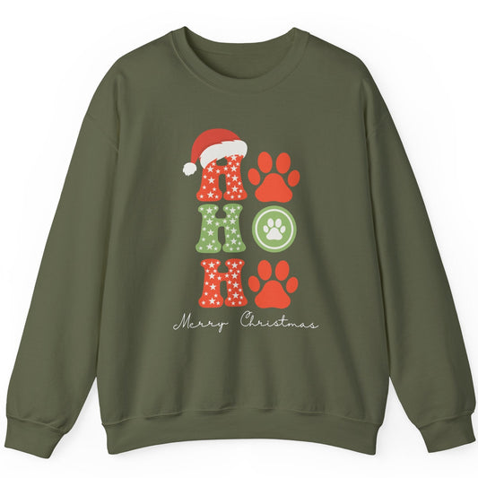 Green sweatshirt with Christmas-themed design with the words ho ho ho merry christmas. the o is a cat print