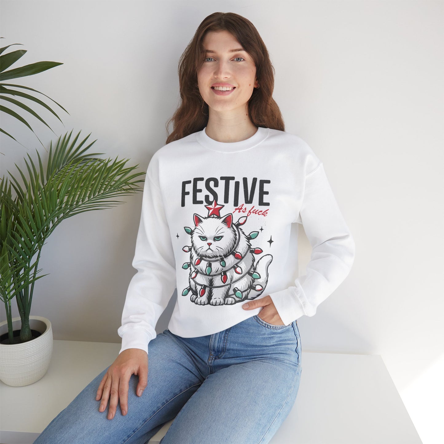 Grumpy Festive Cat Crewneck Sweatshirt