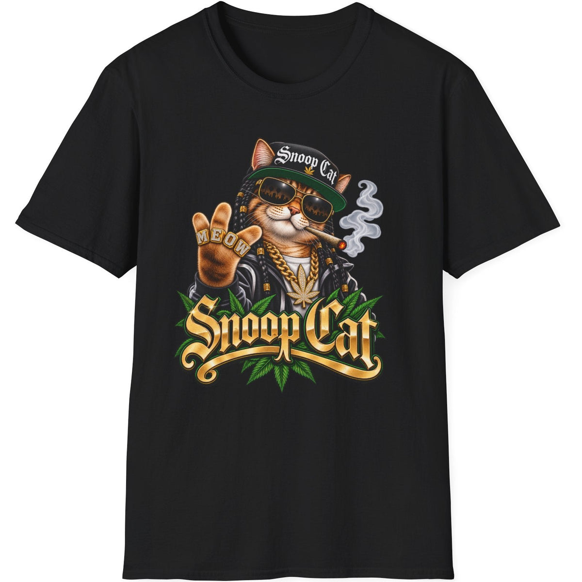A black short-sleeve crewneck t-shirt featuring a graphic print of Snoop Dogg as a cat wearing sunglasses and a gold chain, with the text 'Snoop Cat' and 'Snoopy Cat' on a plain white background.