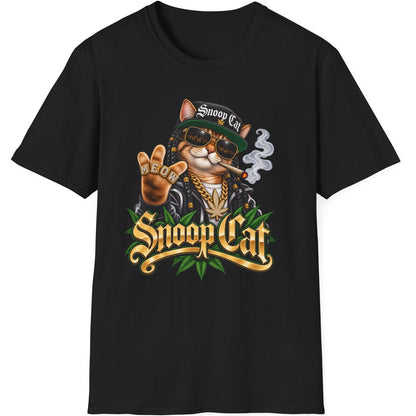 A black short-sleeve crewneck t-shirt featuring a graphic print of Snoop Dogg as a cat wearing sunglasses and a gold chain, with the text 'Snoop Cat' and 'Snoopy Cat' on a plain white background.
